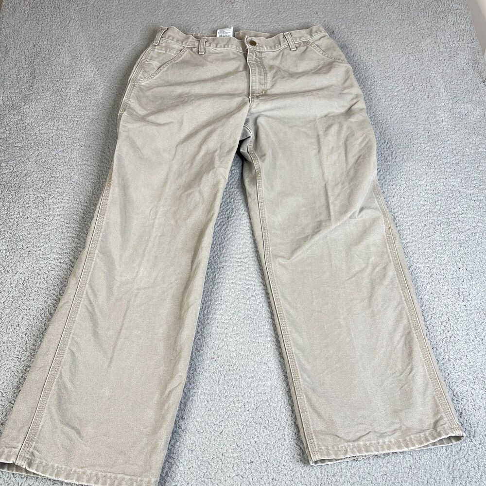 Carhartt Pants Men 36x30 Khaki Original Dungaree Fit Canvas Utility Distressed